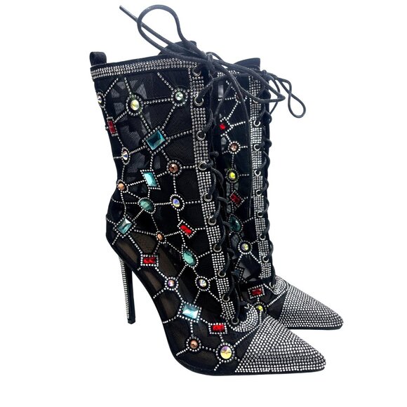 Azalea Wang Diamond Dream Lace Up Gem Black Mesh Jewel Booties Size 8 Ladies - Picture 1 of 16